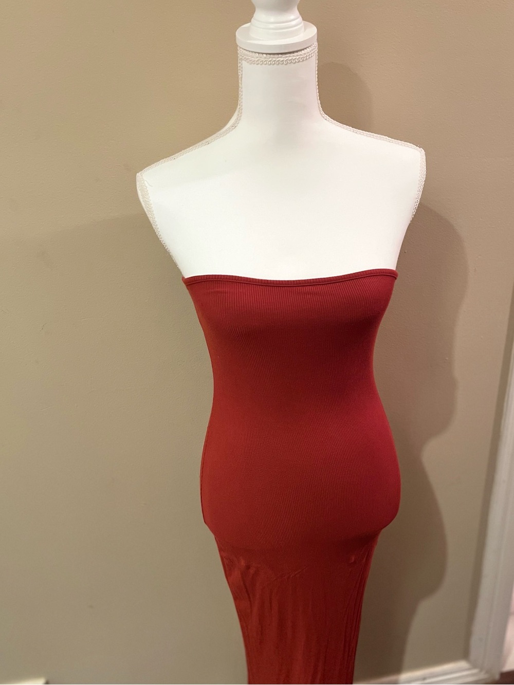 Strapless Ribbed Midi Dress in Brick Dark Orange